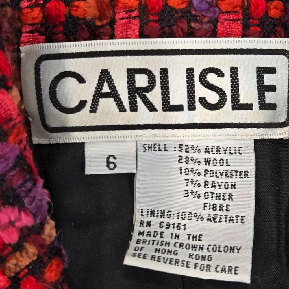 VTG Carlisle Womens Blazer Jacket Size 6 Red Purple Tweed Wool Blend Boucle Lady